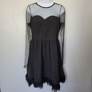 Ryu NWT Medium Black Dress Mesh Long Sleeve Pleated Tulle Trim Sheer Sleeves